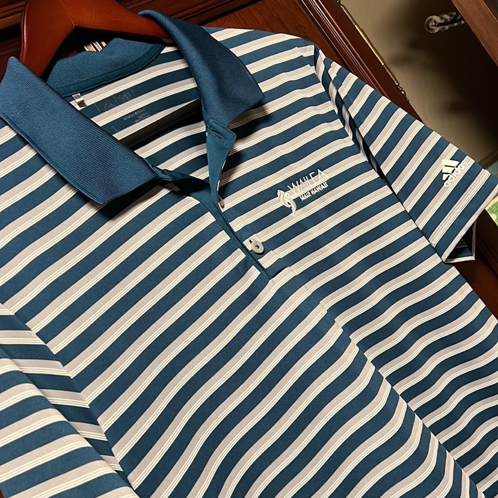 Adidas Rare Wailea Maui Hawaiian Striped Tournament Golf Polo Green,Gray & White - Picture 3 of 8